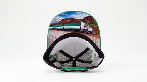 Scarcella Trucker Cap — road train print under the peak